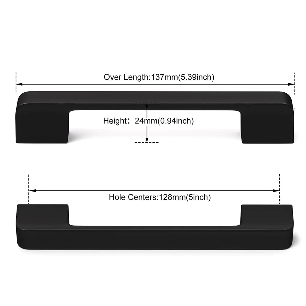 Two styles of black kitchen cabinet knobs with dimensions for installation.