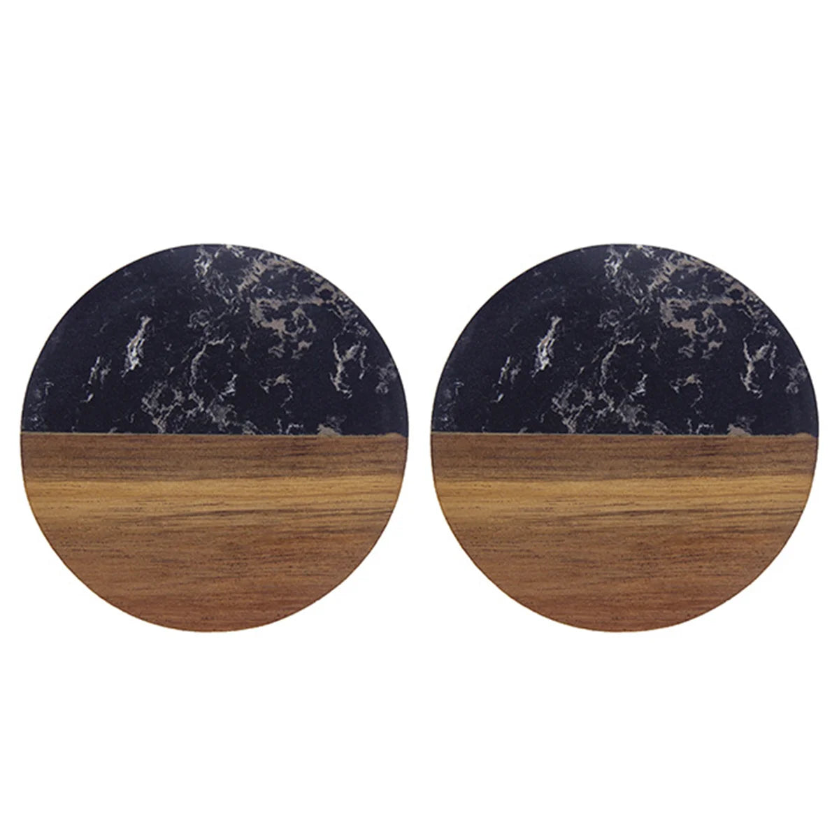 Pair of round coffee coasters featuring dark marble and wood pattern.