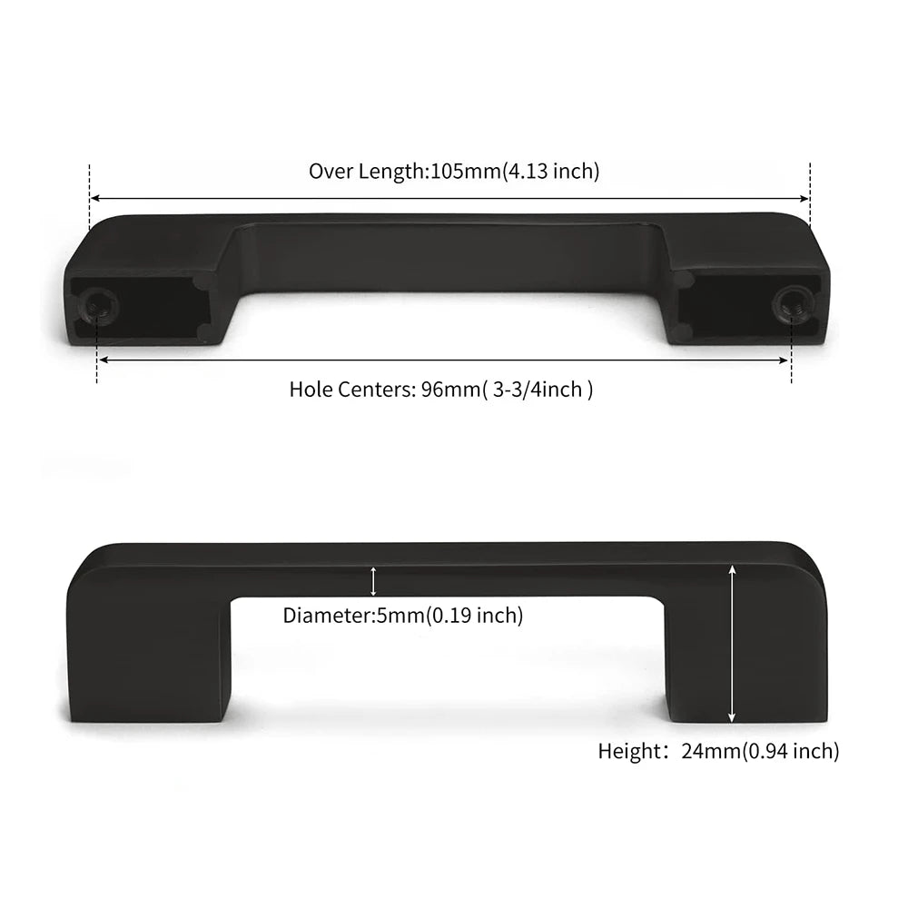 Black rectangular kitchen cabinet knob with measurement labels for length and width.
