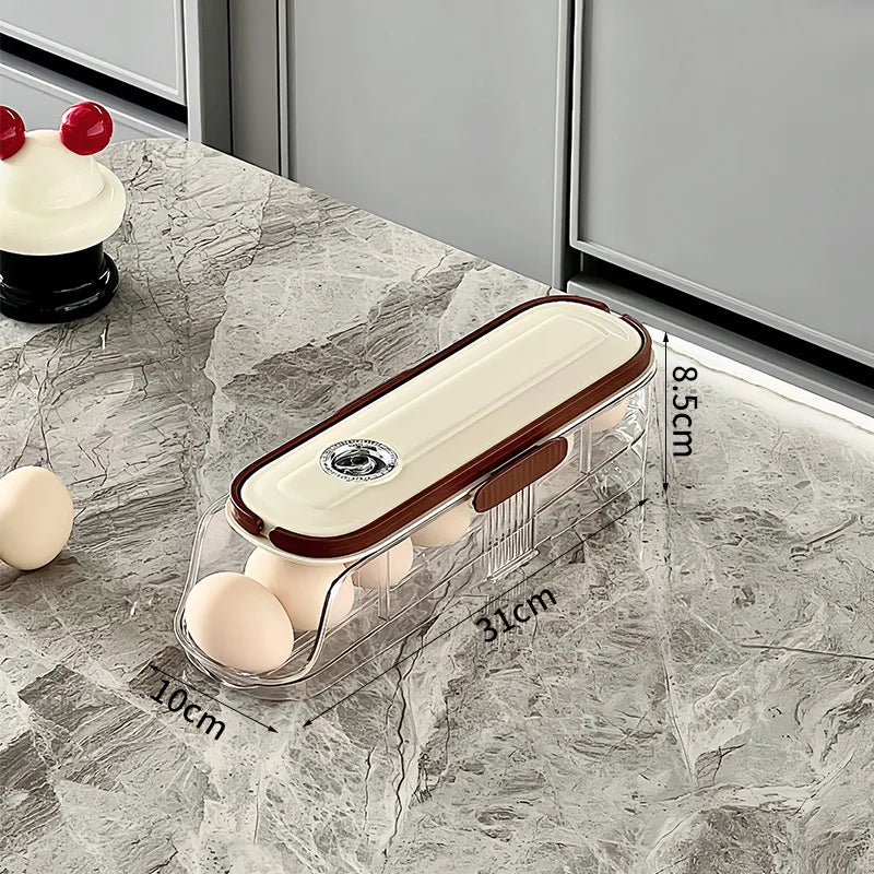 Long single-layer egg rack for fridge holding a few eggs, laid flat on a countertop.