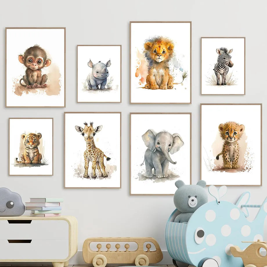 Cartoon Animal Watercolour Nursery Frameless Print