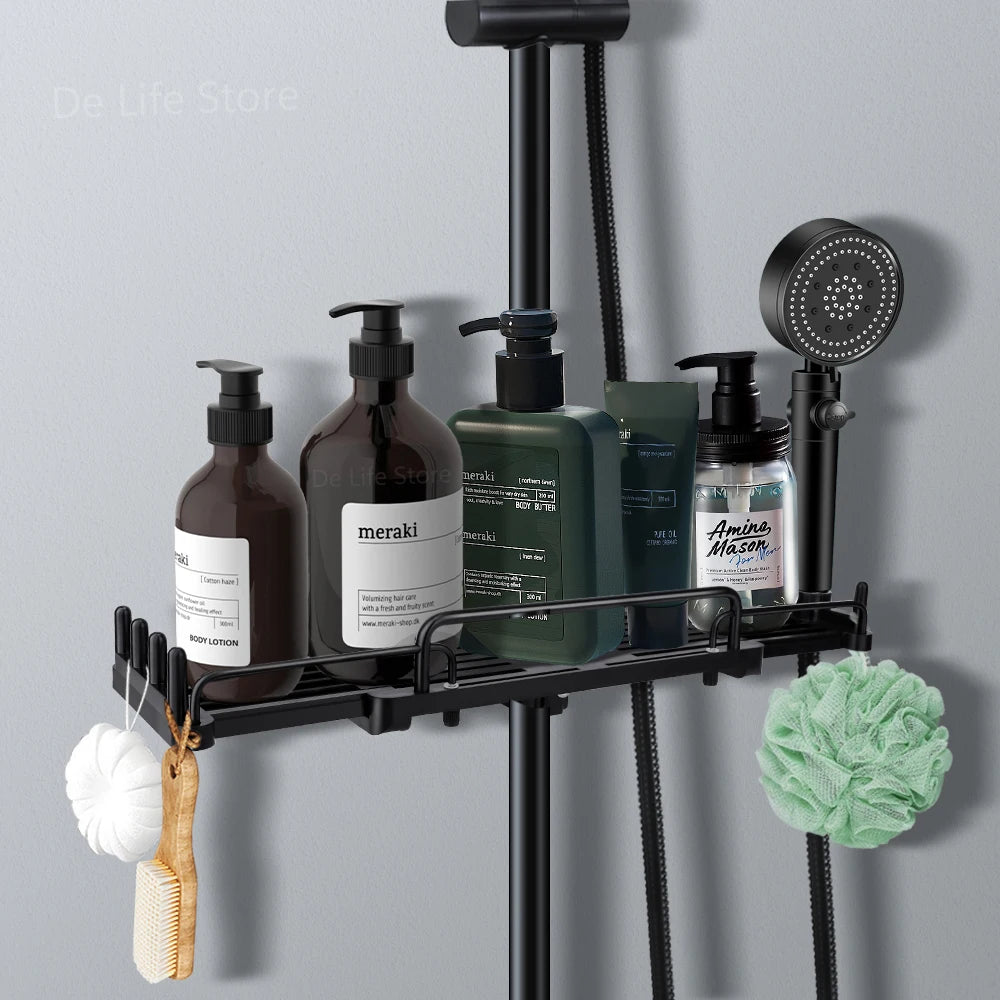 Shower shelf bathroom rack with bottles and hanging accessories.