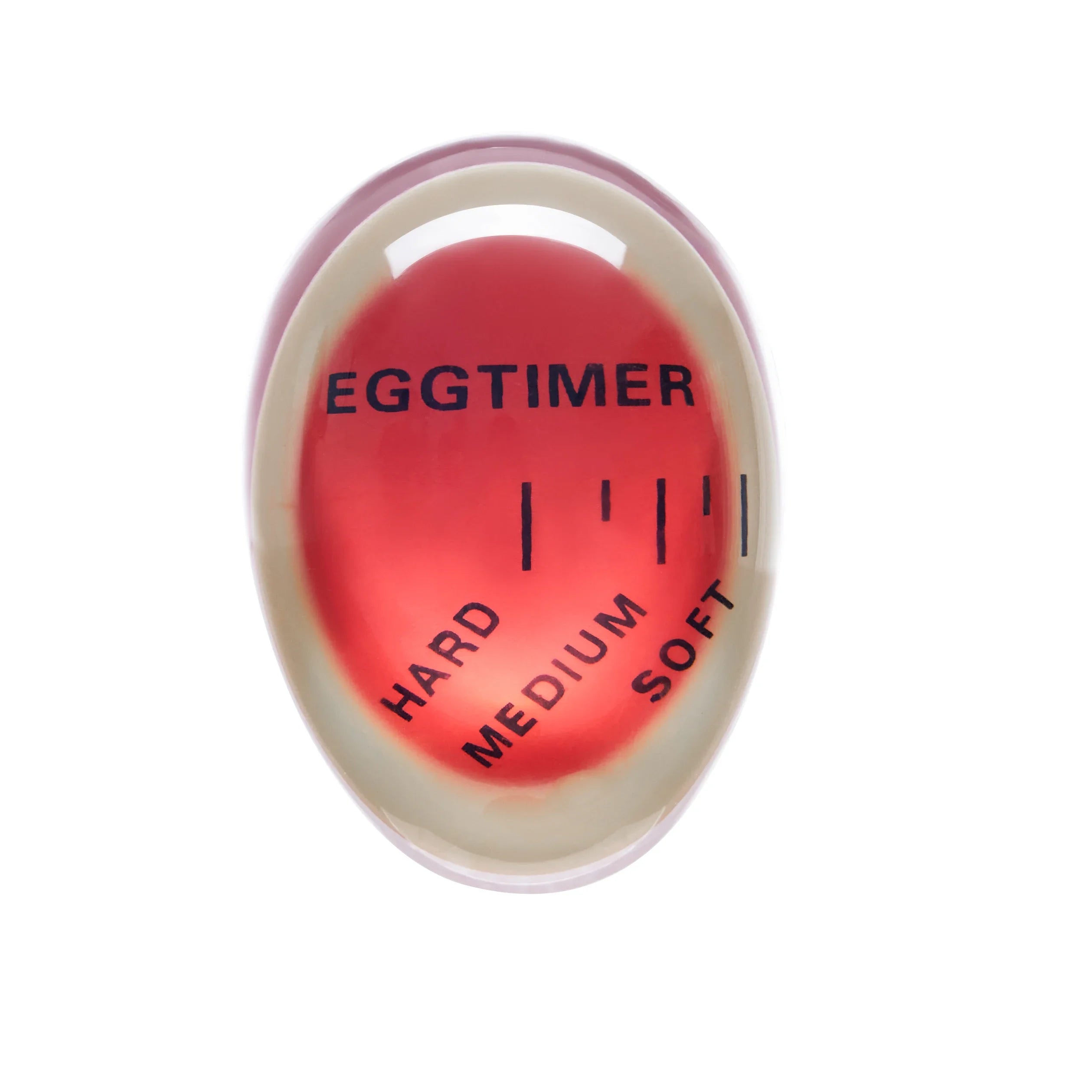 Red egg timer with cooking indicators.