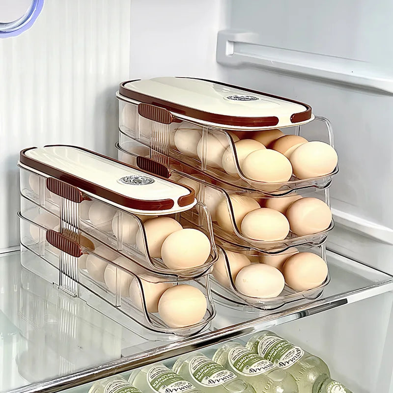 Two egg racks for fridge neatly placed on a refrigerator shelf, each containing multiple eggs.