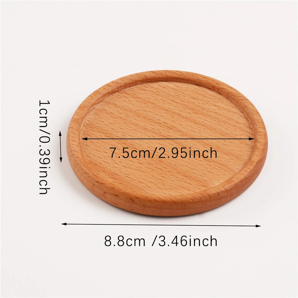 Light brown round wooden coaster with diameter and height measurements in both cm and inches.