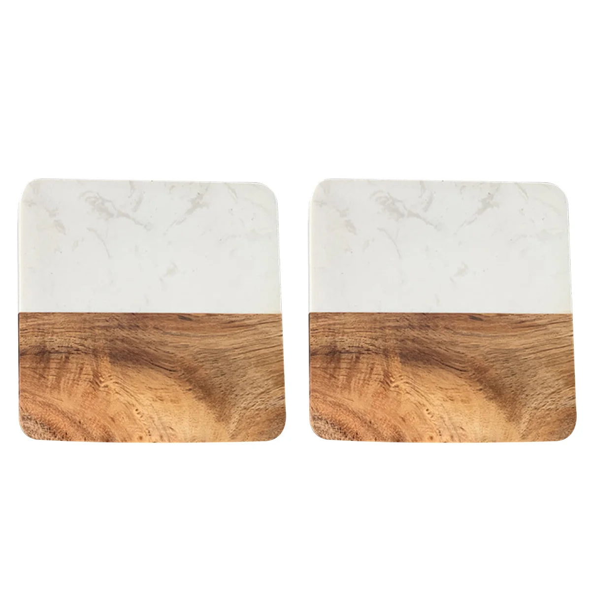 Set of two square coffee coasters with marble and wood combination on a white background.