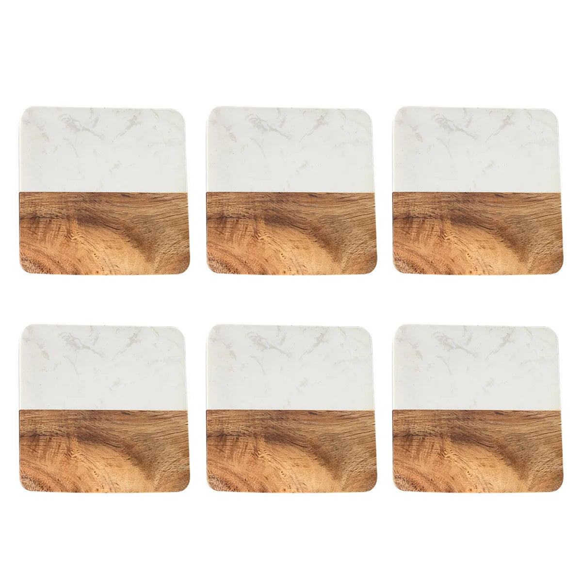 Set of six square coffee coasters with a white marble and wood grain design.