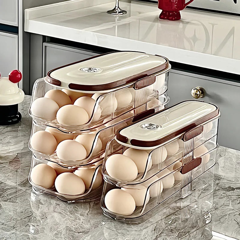 Stackable egg rack for fridge with three clear tiers filled with eggs and a cream-colored lid.