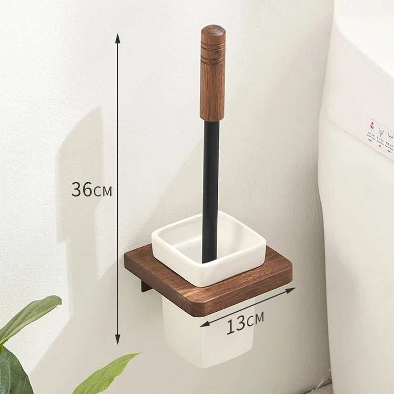 A wall-mounted wooden toilet brush holder with dimensions indicated.