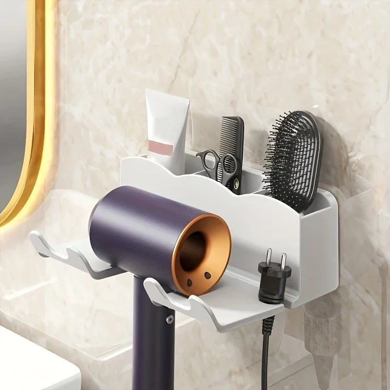 Wall-mounted hair dryer holder near bathroom sink.