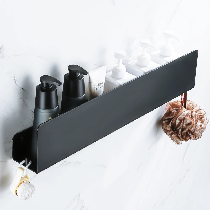 Angled view of bathroom organizer holding six pump bottles.