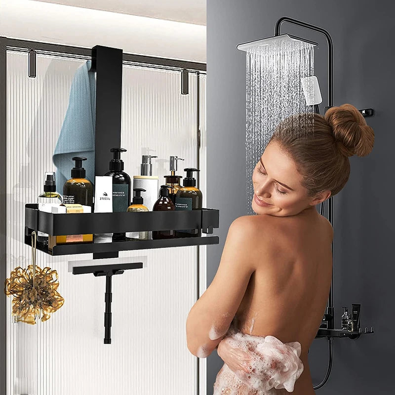 Shower shelf beside woman showering, stocked with bottles.