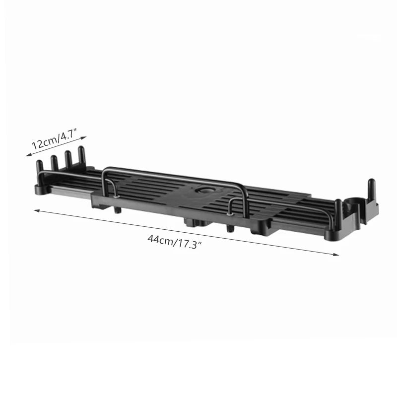 Black shower shelf bathroom tray with dimensions shown.