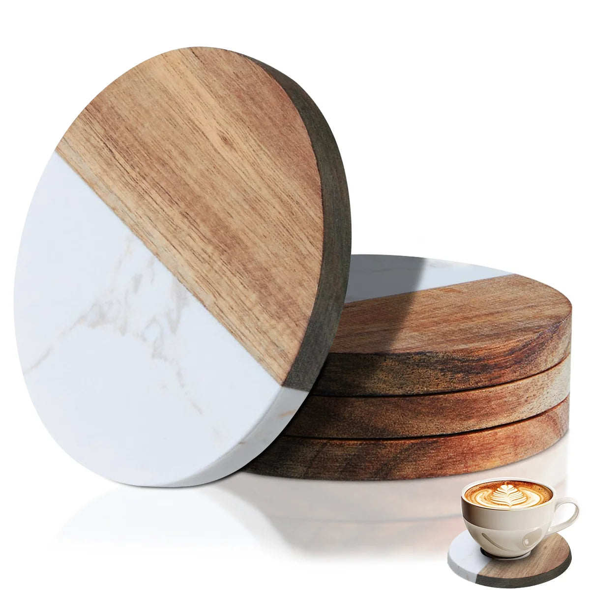 Stack of round coffee coasters featuring half wood and half marble finish, next to a cup of coffee.