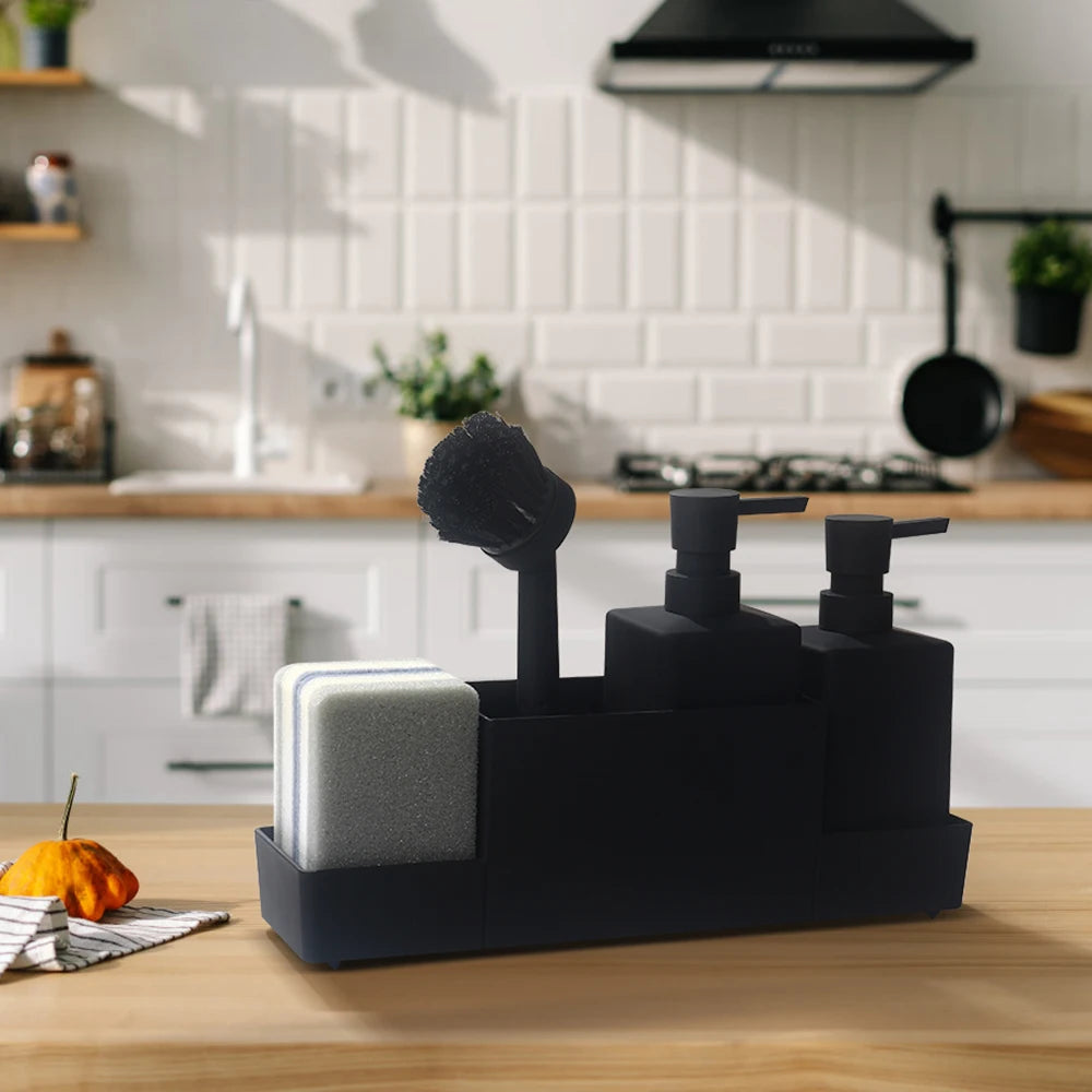 Sink caddy with brush and bottles in kitchen setting.