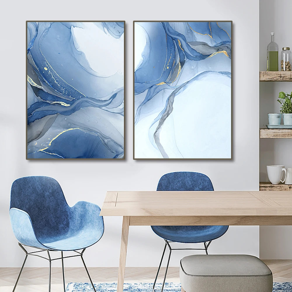 Frameless Blue Triptych Posters