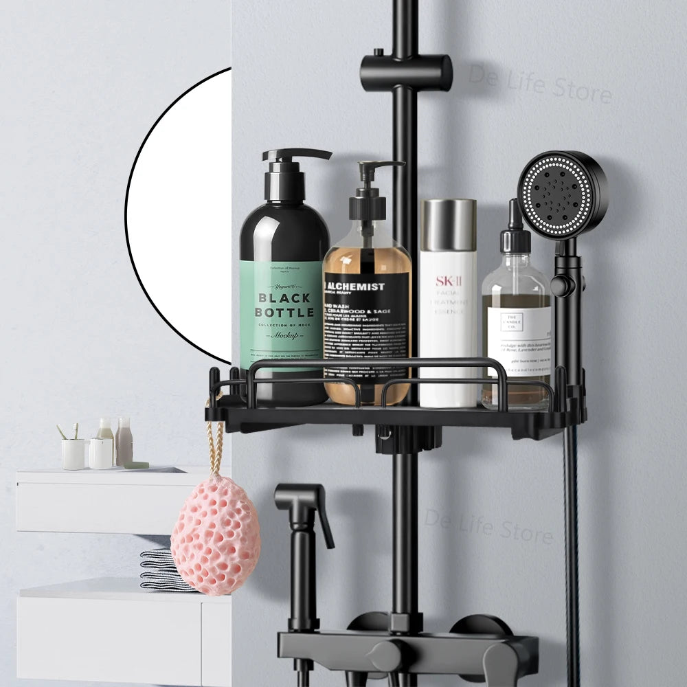 Wall-mounted black shower shelf bathroom with bath items.