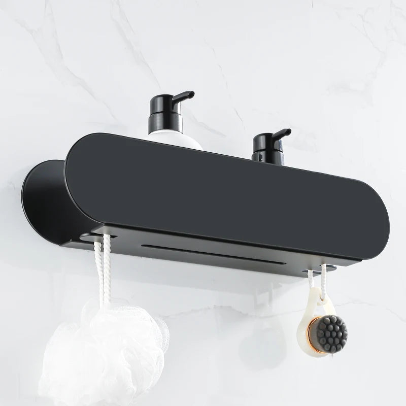 Matte black bathroom shelf organizer with drainage slits and two hanging accessories