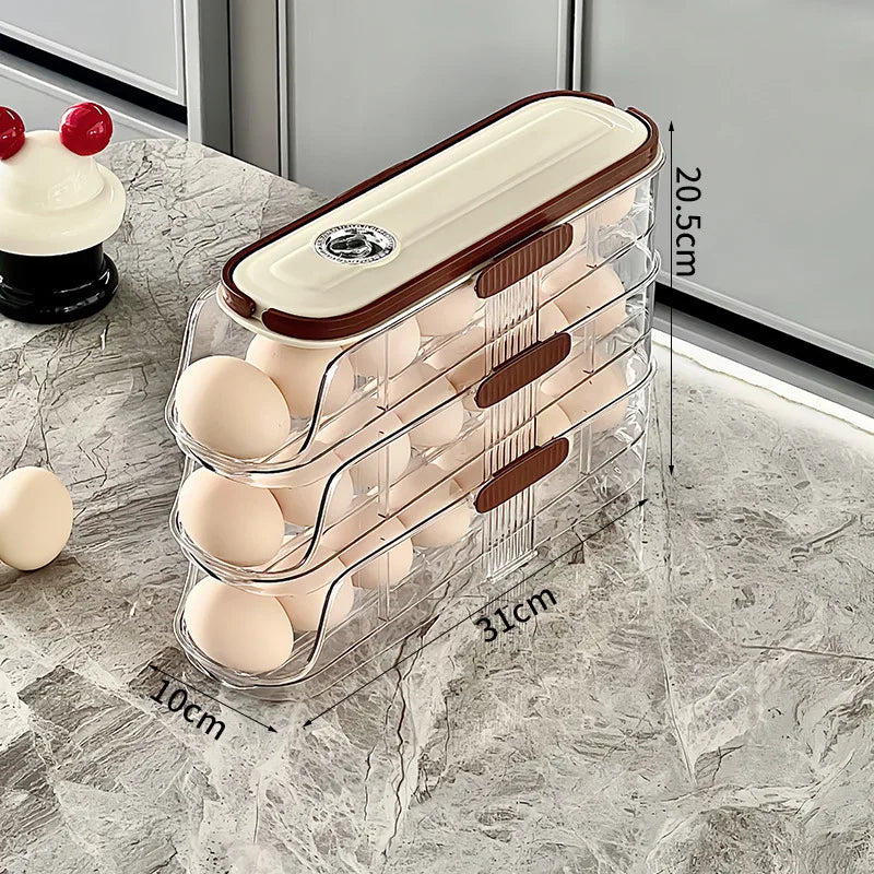 Transparent three-layer egg rack for fridge, displayed with size measurements on a marble counter.