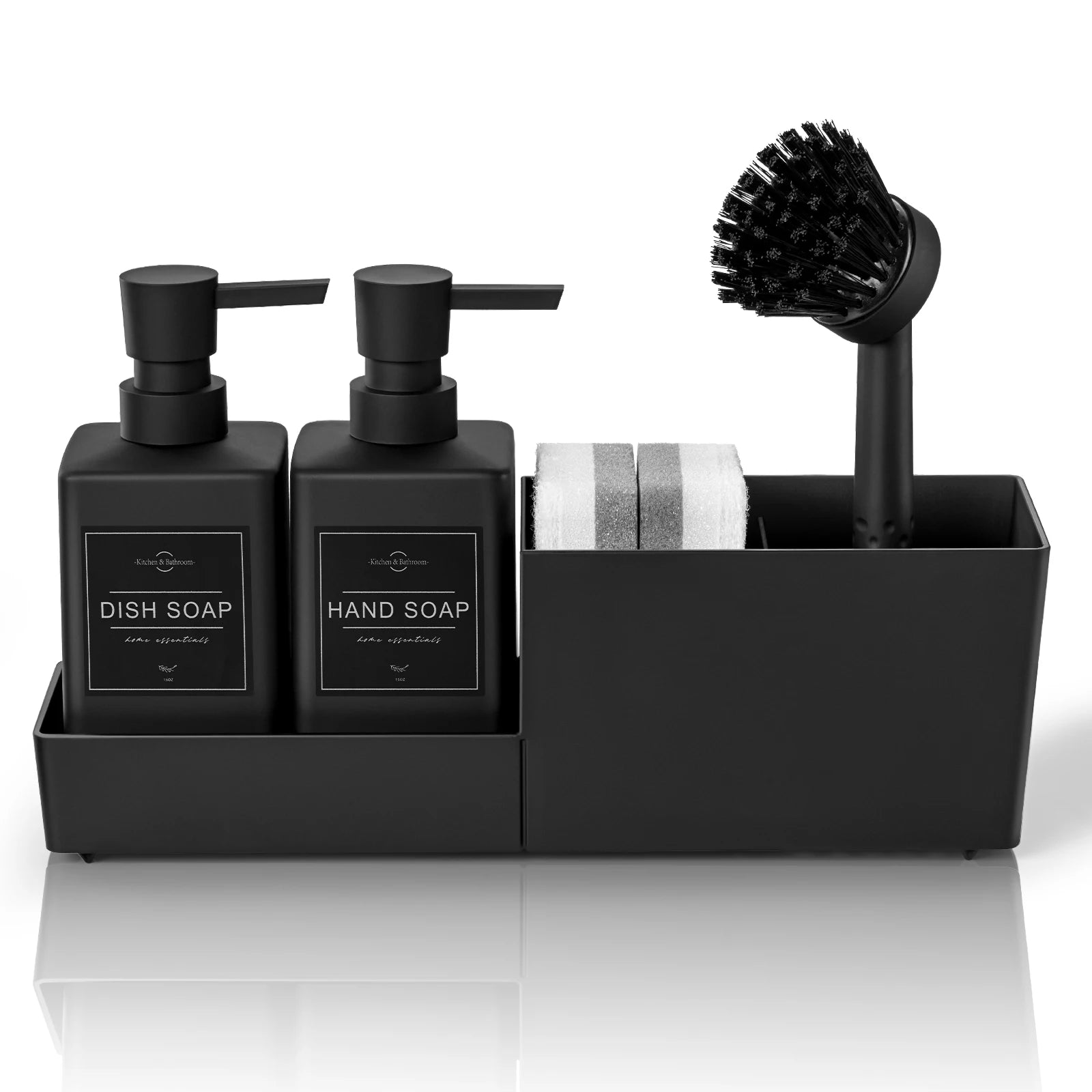 Black kitchen soap dispenser set with dual bottles, sponge holder, and cleaning brush.