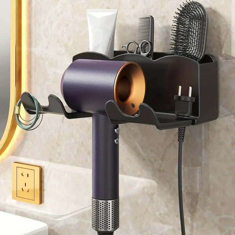 Hair dryer holder wall mount with storage compartments.