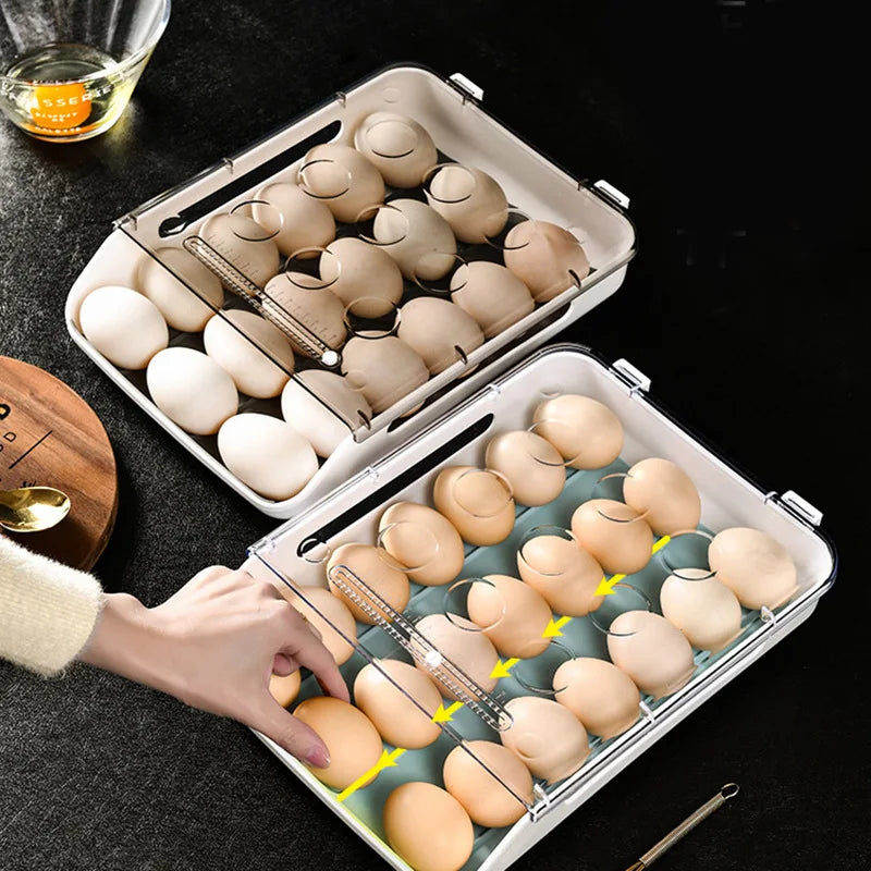 Dual egg holders for fridge shown open, holding various egg shades on a dark surface.