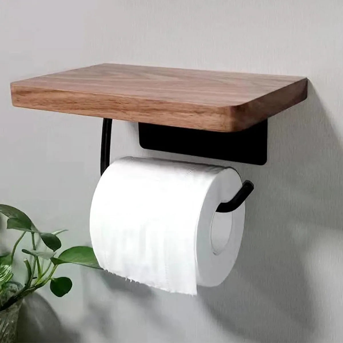 Wood Toilet Roll Holder with Storage Shelf