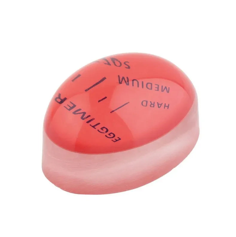 Red egg timer with doneness labels.