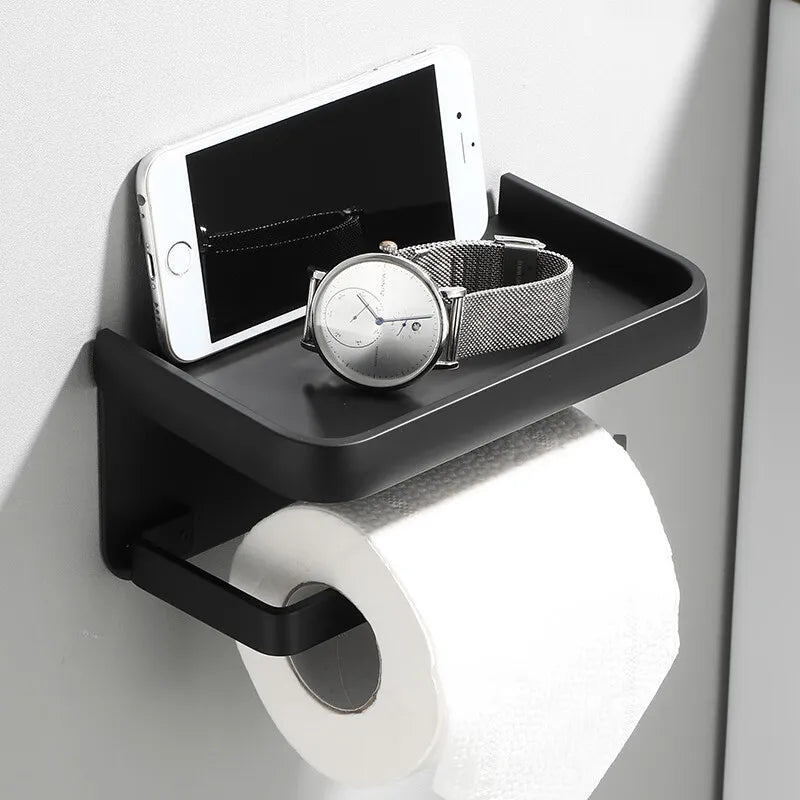 Black toilet paper holder with reserve