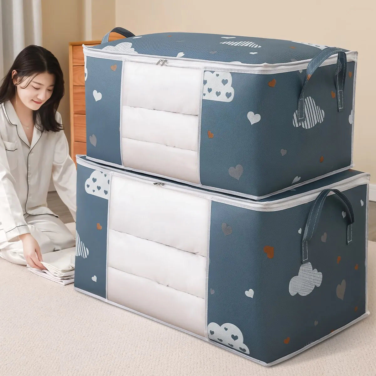 Storage Bag with Cloud Print Cream or Navy