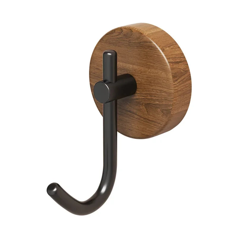 Single wooden coat hook with a black metal arm.