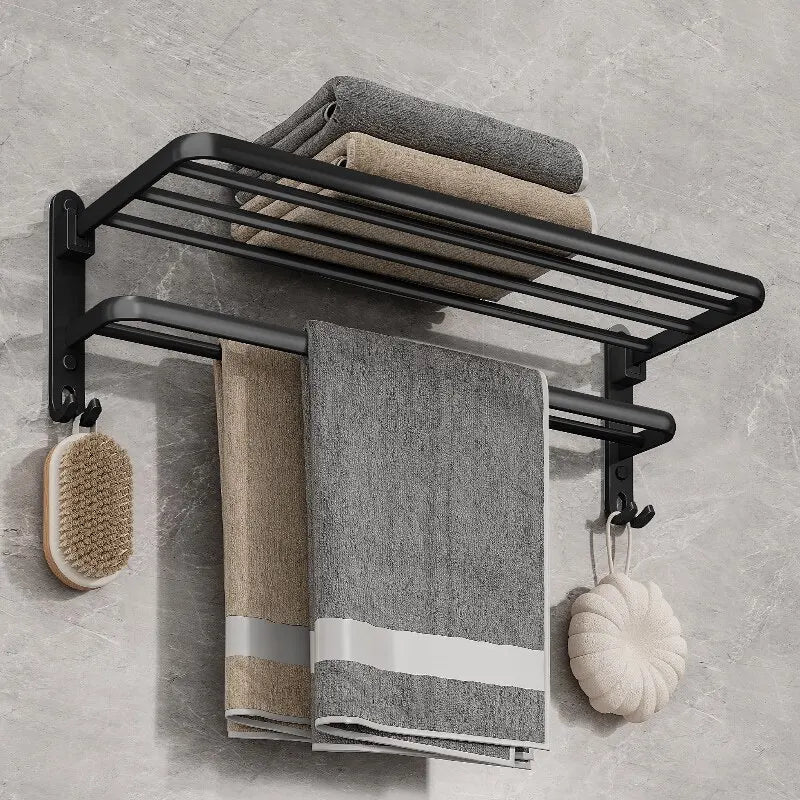 Matt Black Wall Mounted Towel Rail and Shelf with Hooks