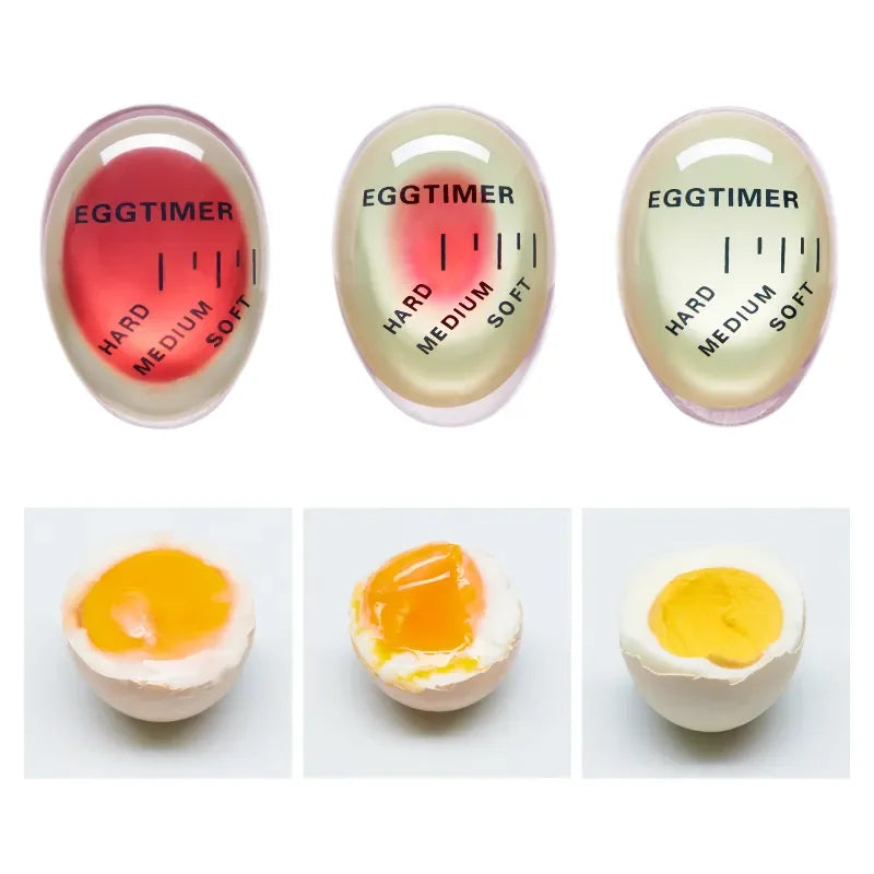 Egg timers showing soft, medium, and hard settings with corresponding cooked eggs.