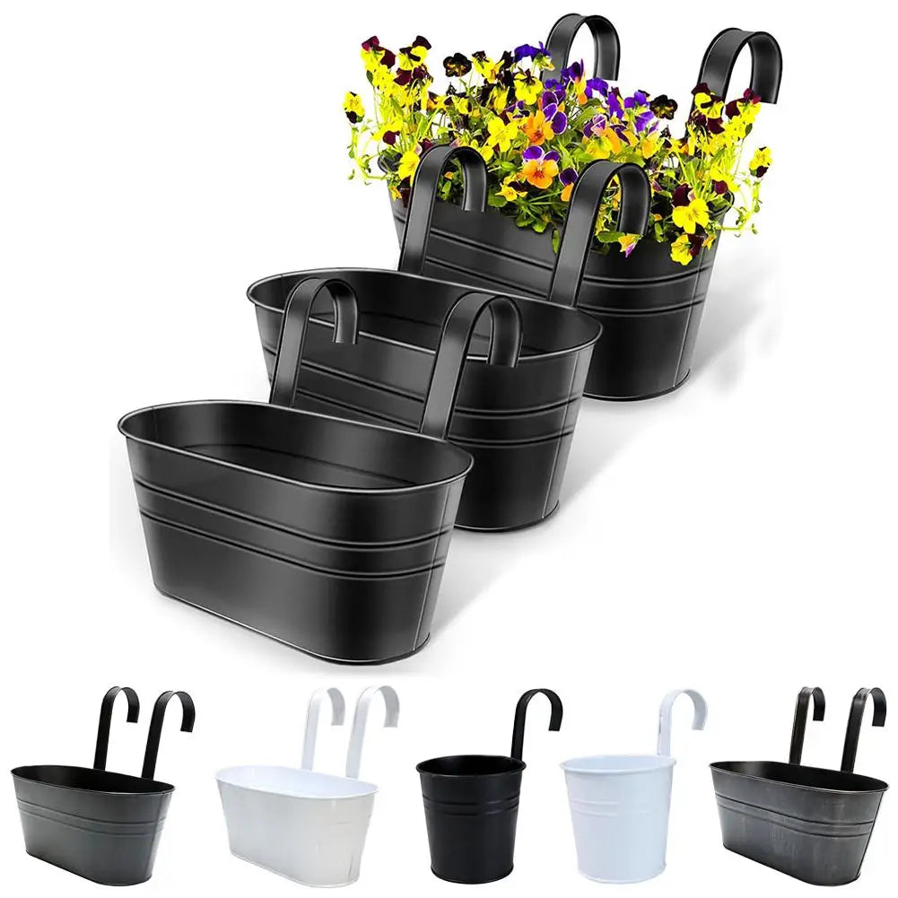 Black and white hanging flower pots shown with measurement dimensions.