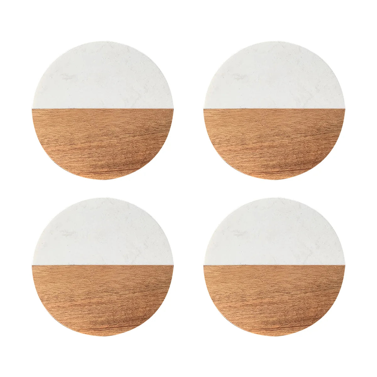 Set of four round coffee coasters with half white marble and half wood design.