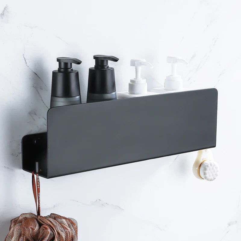 Side view of black bathroom organizer with pump bottles and hooks.