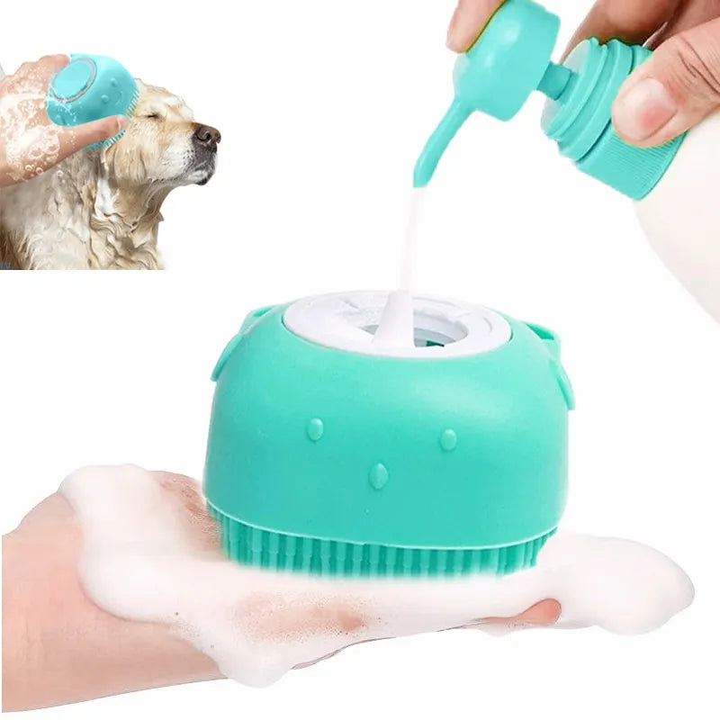 Silicone Massaging Pet Bath Brush with Shampoo dispenser for Dogs Cats