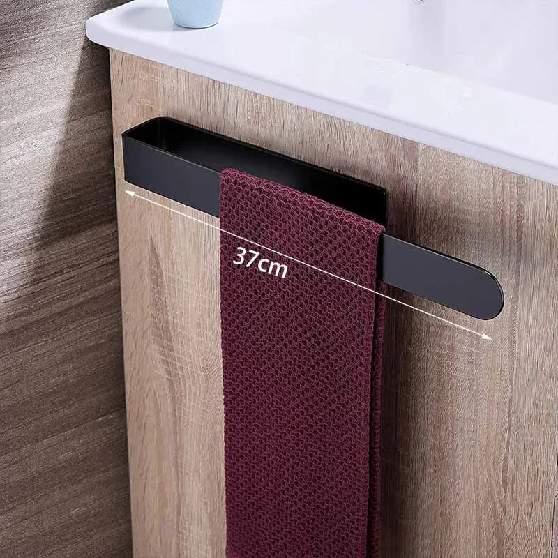 Black adhesive towel ring with 37cm width and red towel.