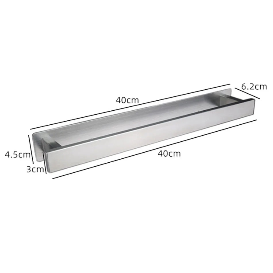 Dimensions of silver self adhesive towel rail: 50cm long, 8.3cm deep, 4.5cm high.