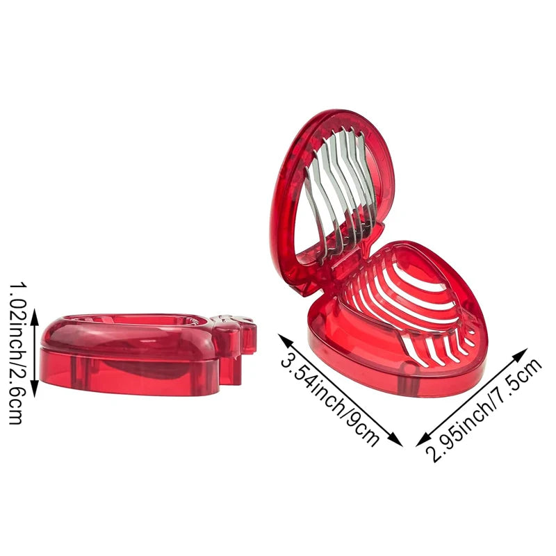 Red, heart-shaped strawberry slicer with detailed views of its blades and components.