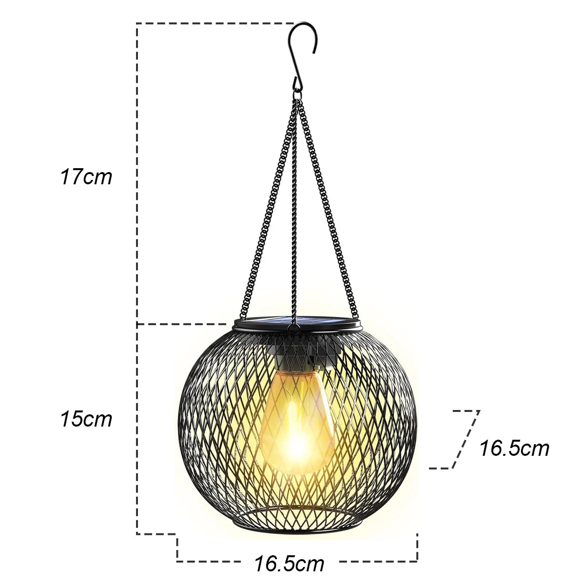 Solar lantern hanging outdoors with dimensions displayed.