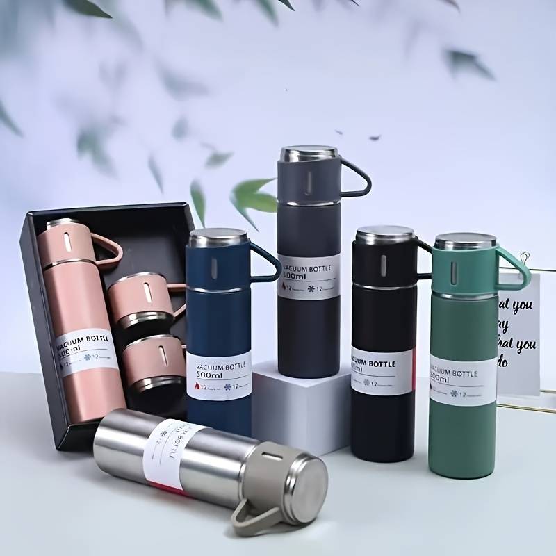 Travel Thermal Flask Set Insulated Water Bottle with Three Cups 500ml